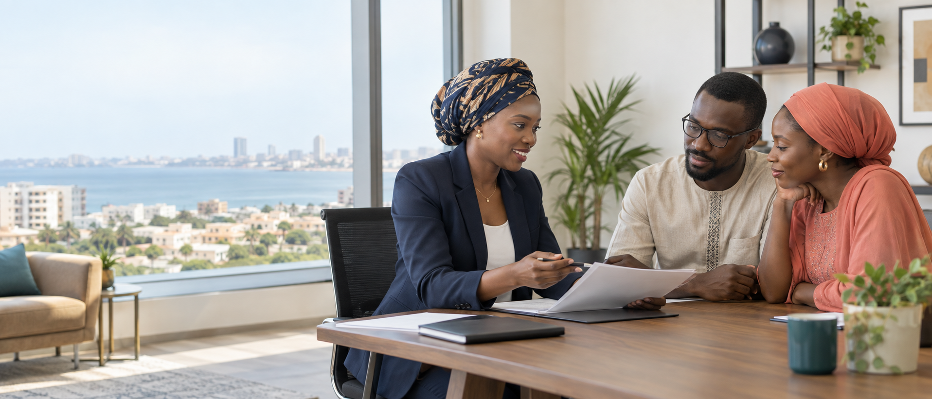 Conseillère en assurance échangeant avec un couple à Dakar